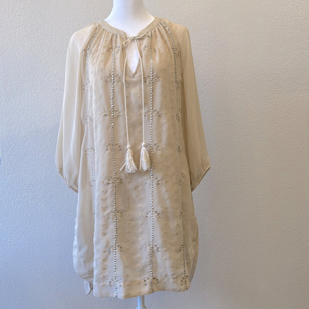 Bobeau Women’s Cream Mini V Neck Tie Long Sleeve Dess Size Small